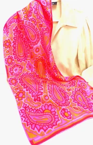 VTG VERA Silk Head Neck Scarf Paisley & Floral Abstract 45x15" Orange Red Pink - Picture 1 of 8