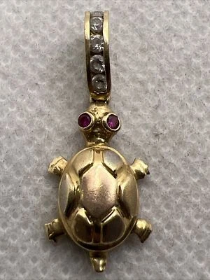 CUTE Solid 14K Tricolor Gold Created Ruby & White CZ TURTLE BABY Charm Pendant2g - Image 1 of 4