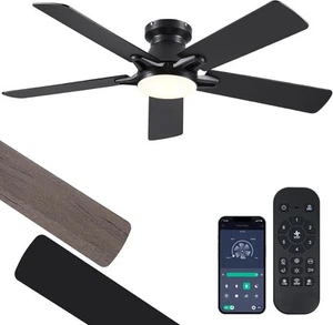 52 Inch Black Flush Mount Ceiling Fan with Dimmable LED Light, 52IN, - Picture 1 of 8