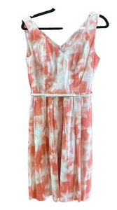 Calvin Klein Watercolor Belted Dress Pleated  Size 8 Pink White V Neck - Picture 1 of 8
