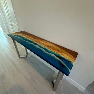 Blue Resin River console Table with Live Edge Wood Handmade epoxy Console Table - Picture 1 of 13