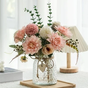 Fake Flowers with Vase,Faux Flowers in Vase for Home Decor,Silk Pink Dahlia A... - Picture 1 of 6