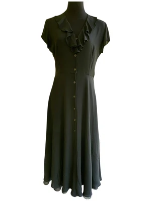 LRL Ralph Lauren Maxi Dress 10P Black Silk Chiffon Button Front Ruffle Preppy - Image 1 of 4