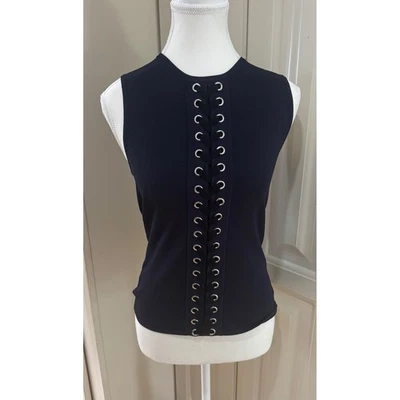 Top de cachemir de otoño mediano negro sin mangas detalle de cordones hilo italiano importado Foto 1 de 4