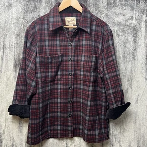 Woolrich Shirt Women’s M Charcoal Plaid Flannel Button-Up Long Sleeve Wool Blend - Picture 1 of 7