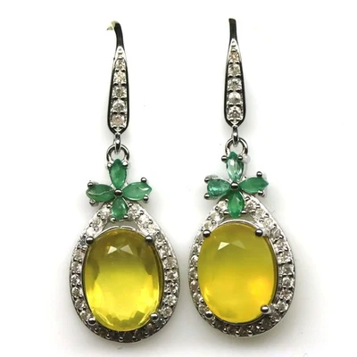 925 Sterling Silber 8 X 10 Mm Gelber Opal, Smaragd & Zirkon Ohrringe - Bild 1 von 4