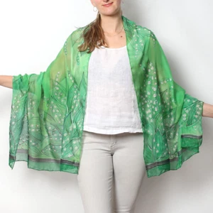 Lily of The Valley Hand Painted Floral Large Green Silk Chiffon Scarf Wife Gift - Picture 1 of 9