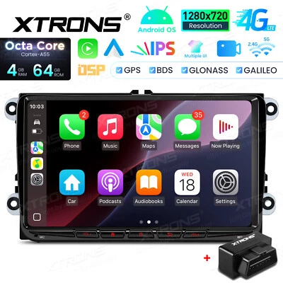 OBD2+9" Android14 4+64G Car GPS Stereo Radio Head Unit CarPlay For VW SEAT Skoda - Image 1 of 4