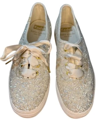 Zapatillas Kate Spade Keds Brillo Blanco Brillo Elegante Boda EE. UU. Talla 5 Con Cordones Foto 1 de 4