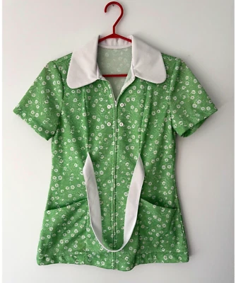 60s vintage green floral print collared zip up short sleeve polyester blouse top Foto 1 de 4