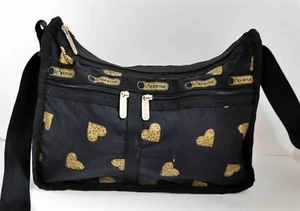Borsa a tracolla Le Sportsac Everyday nera nylon oro cuore rara - Foto 1 di 7