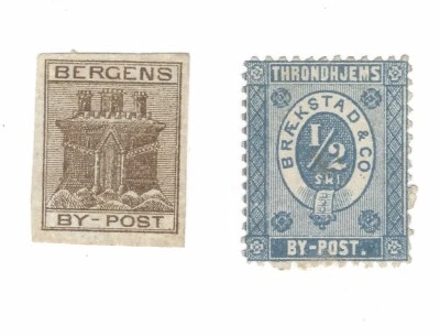 SELLOS RAROS DE LOS LUGAREÑOS DE NORUEGA BERGENS TRONDHJEMS POR CORREO Foto 1 de 2