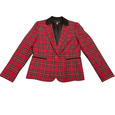 Kasper Womens Tartan Plaid Blazer 8 Red Velvet Collar Hunt Club Holiday Classic - Image 1 of 4