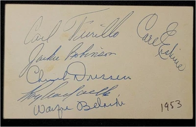 Jackie Robinson Roy Campanella +4 Firmado a Mano Automático 1953 Dodgers Champs JSA LOA Foto 1 de 2