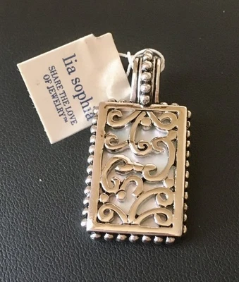 NWT Lia Sophia Mother Of Pearl Reversible Filigree Square Pendant Silver Tone - Image 1 of 4