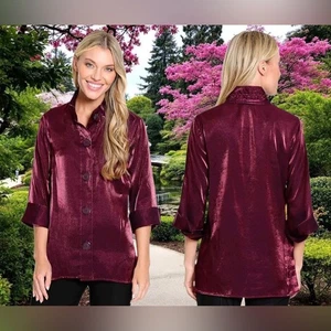 Ali Miles Womens Woven Irridescent Button Front Shirt Tunic Size M NWT Red - Picture 1 of 16