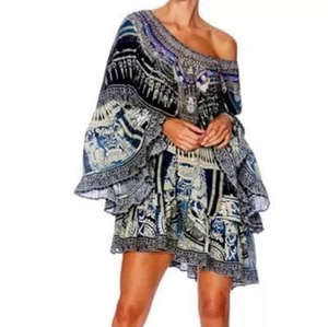 Camilla Size S Tales of Batik A Line Frill Dress 100% Silk Long Sleeve Embellish - Picture 1 of 12