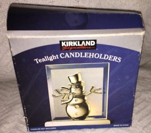 SNOWMAN WINTER Metal & Glass Tealight Candle Holder w/Box by Kirkland No Candle