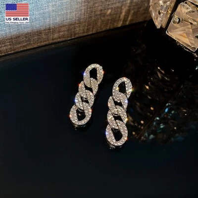 Fashion Women Crystal Earrings Deluxe Circle Tassel Stud Bling Chain Style 1552 - Image 1 of 4