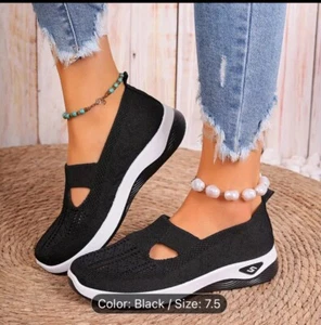 Women's Solid Color Knitted Sneakers, Soft Sole Slip-On Walking Shoes Size 7.0 - Picture 1 of 5