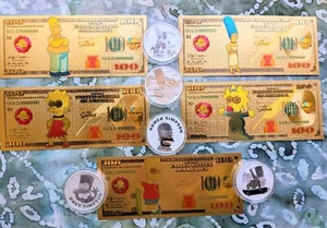 5pc 24k Gold Foil Plated Simpsons Banknote Set w 5 Tuvalu 999 Silver Coins - Picture 1 of 5
