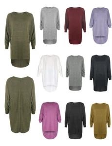 Women's Plus Plain Oversized Knit Long Sleeve Batwing Dip Hem Baggy Ladies Top - Picture 1 of 21