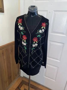 Kikit Maurice Sasson Women Christmas Embroidered Poinsettia Sweater Cardigan L - Picture 1 of 8