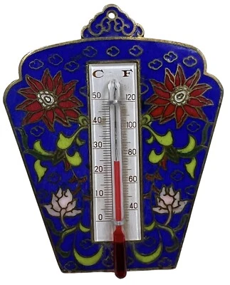 Vintage Cloisonné Thermometer Cobalt Blue & Red Flowers Celsius & Fahrenheit 3” - Image 1 of 4