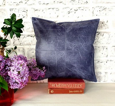 Smoky blue color old pattern soft faux leather fabric pillow cover-1QTY - Image 1 of 4
