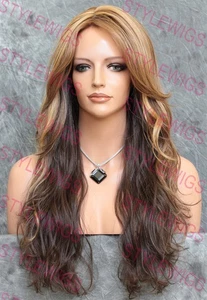 Light Brown/Blonde Ombre Long Loose Wavy Curls Heat OK Human Hair Blend Wig EVAI - Picture 1 of 6