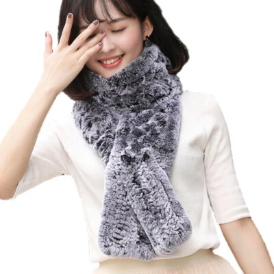 Real Rex Rabbit Fur Scarf Winter Warm Neckerchief Fluffy Soft Hollow out weaving — 第 1/4 张图片