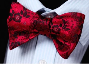 Mens Premium Floral Red Paisley Pre Tied Black Silk Bow Tie Tuxedo Dickie 511 UK - Picture 1 of 2