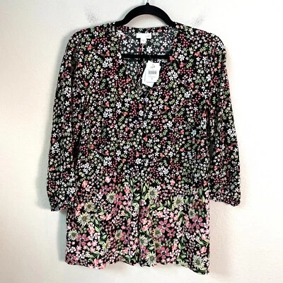 NEW J.Jill Womens Small Floral Button Front Tunic Top 3/4 Sleeve Shirt Blouse - Image 1 of 4