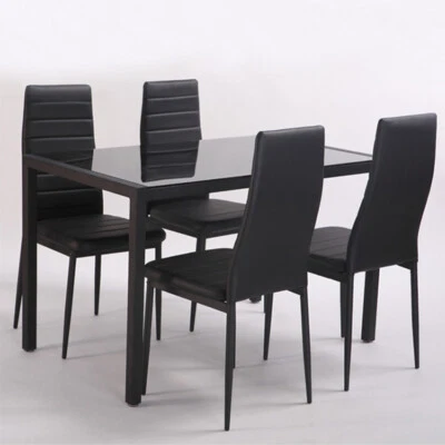 BLACK GLASS DINING TABLE SET AND 4 FAUX LEATHER CHAIRS KITCHEN DINNER FURNITURE - Image 1 of 4