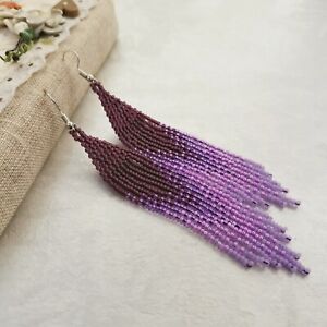 Purple long seed bead fringe earrings Handmade lavender beaded earrings gift