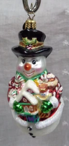 CHRISTOPHER RADKO Glass Christmas Ornament SNOWMAN Holding Candy Canes & Present - Picture 1 of 9