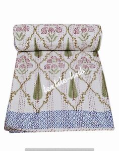 Twin Size Indian Kantha Handmade Quilt Throw Bedspread Blanket Hand Block Print