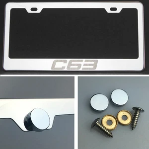 C63 Laser Engraved Polish Stainless Steel License Plate Frame Chrome Screw Cap - Imagen 1 de 12