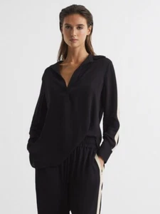 REISS Womens Millie Side Stripe Shirt Top in Black UK Size 6 - Picture 1 of 8