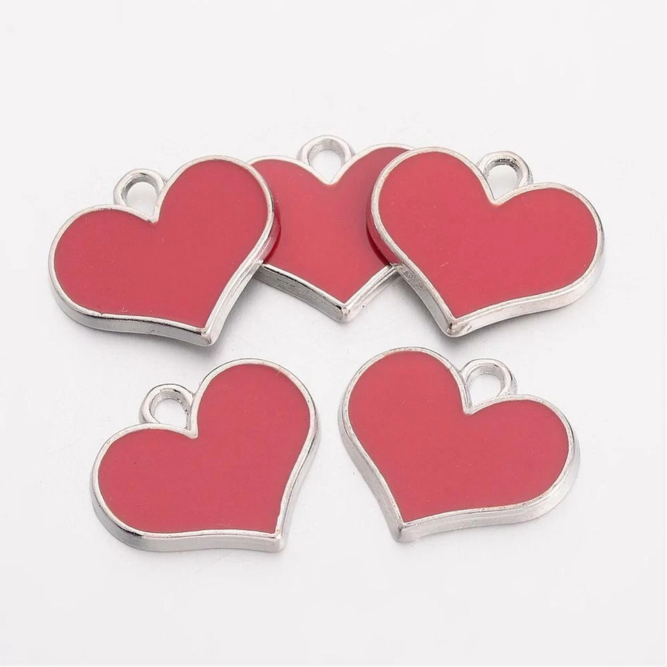 4pz ciondoli charms cuore in metallo smaltato 19x16mm color rosso, argento scuro - Immagine 1 di 1