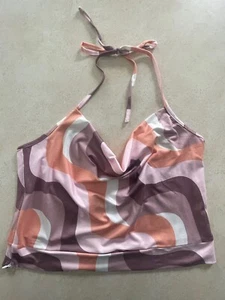 Cotton Emporium Tant Top L Peach Retro Wavy 70s Pattern Halter Backless Cropped - Picture 1 of 10