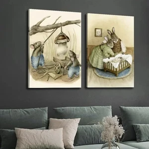 Arte de pared vintage de ratón y conejo de animales sin marco 2 piezas - Imagen 1 de 6