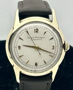 VINTAGE MENS SOLID 14k GOLD GIRARD-PERREGAUX GYROMATIC NEW CRYSTAL &BAND N/MINT - Picture 1 of 16