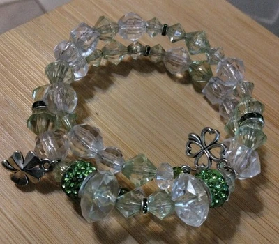 Handmade 14.5in Wrap Bracelet-Plastic, Rhinestone Spacers-Iridescent-Green. - Image 1 of 4