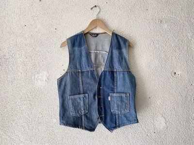 1970s vtg LEVIS INDIGO PATCHWORK DENIM FRESH PRODUCE VEST M - Image 1 of 4