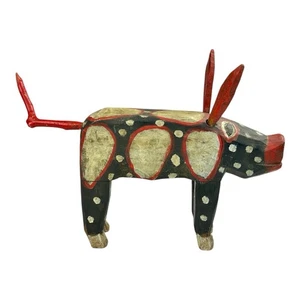 "Arte popular primitivo rústico pintado cerdo madera tallado a mano guatemalteco vintage 15""" - Imagen 1 de 24