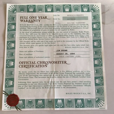 Certificado de garantía Rolex vintage serie X Foto 1 de 4