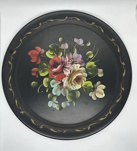 Vintage handbemalt Toleware groß rund 13" schwarz Serviertablett Floral - Bild 1 von 7