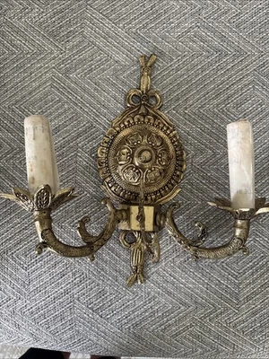 Vintage Spanish Double Arm Cast Brass Wall Light Sconce 11” W/ Hook French Style - Image 1 of 4