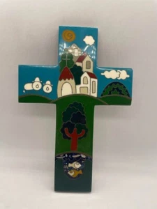 Vintage Wood and Enamel Cross Church Scene - Picture 1 of 3